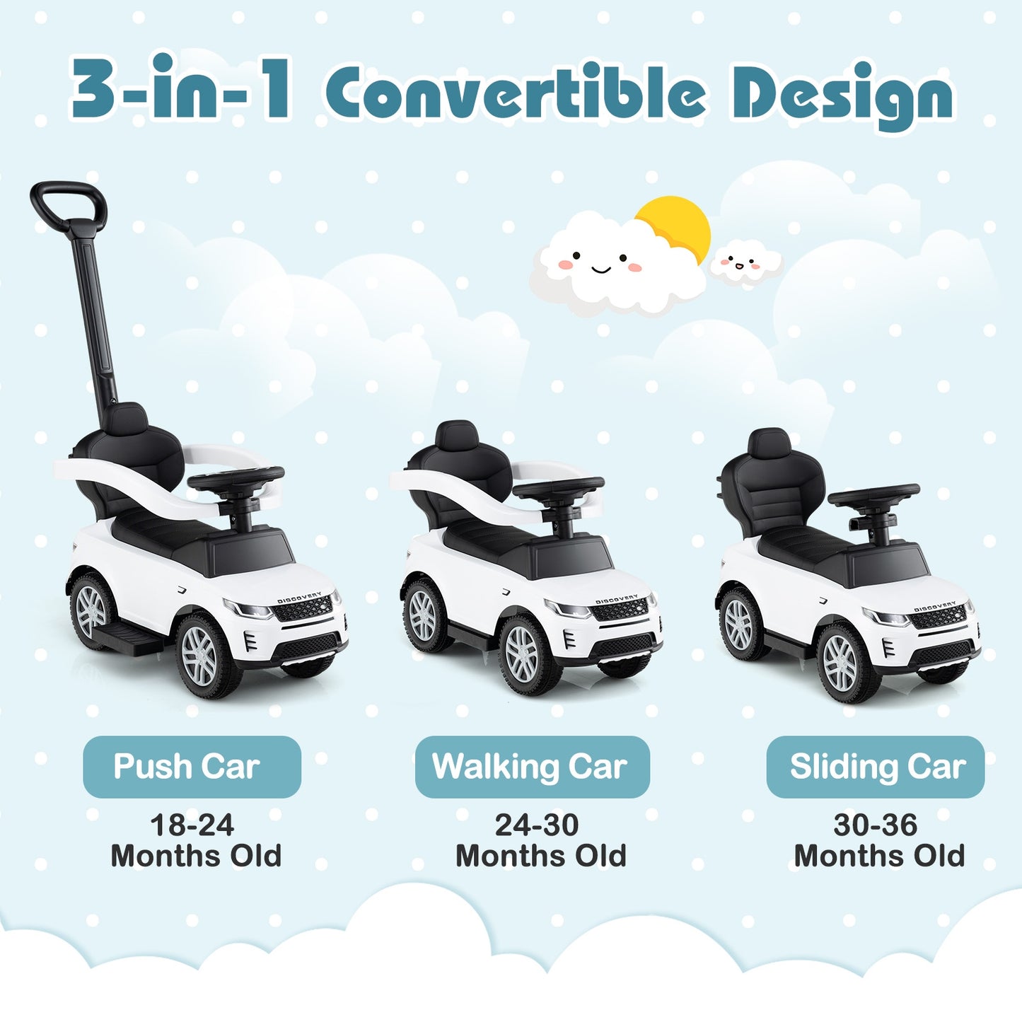 3 in 1 Push Car with Removable Handle and Guardrail for Kids 18-36 Months Old, White Push & Pedal Ride On Toys at Gallery Canada