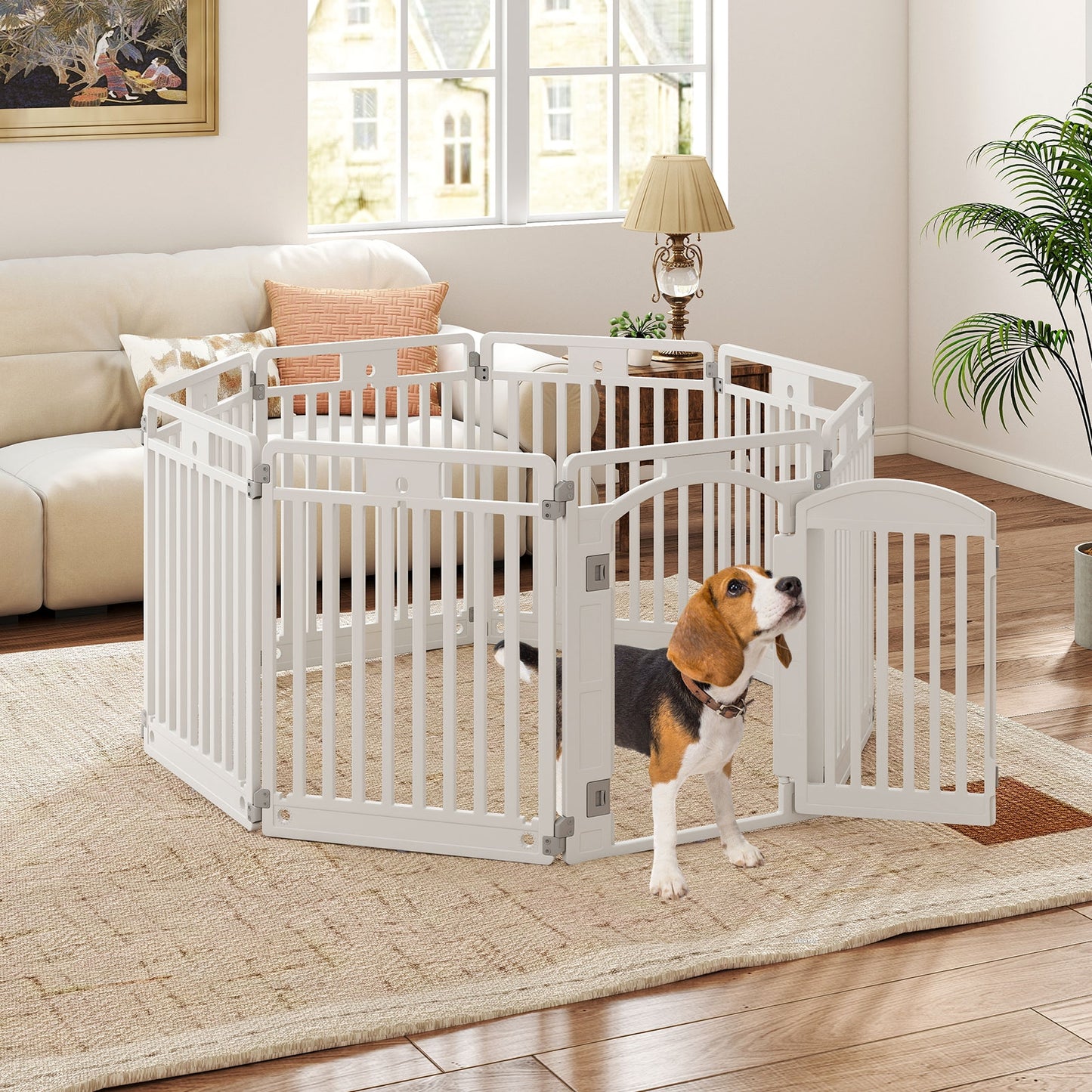 8-Panel Tall Plastic Dog Fence Indoor Outdoor Puppy Pen with Locking Door, White Pet Gate at Gallery Canada