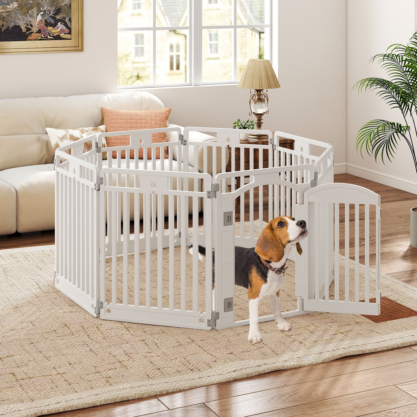 8-Panel Tall Plastic Dog Fence Indoor Outdoor Puppy Pen with Locking Door, White Pet Gate at Gallery Canada