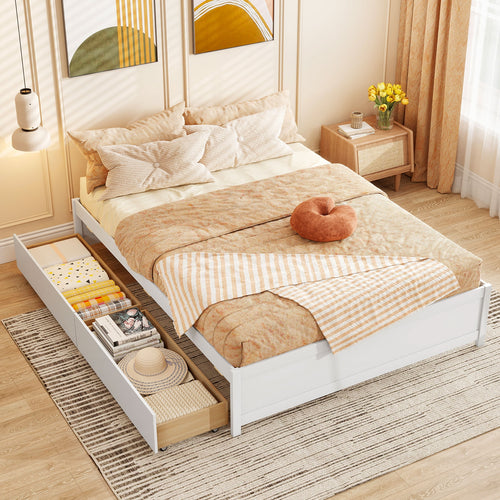 Queen Size Bed Frame with 2 Rolling Storage Drawers, White