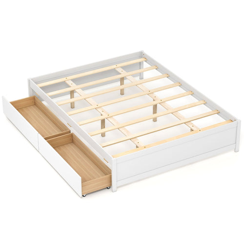 Queen Size Bed Frame, 2 Rolling Storage Drawers, White