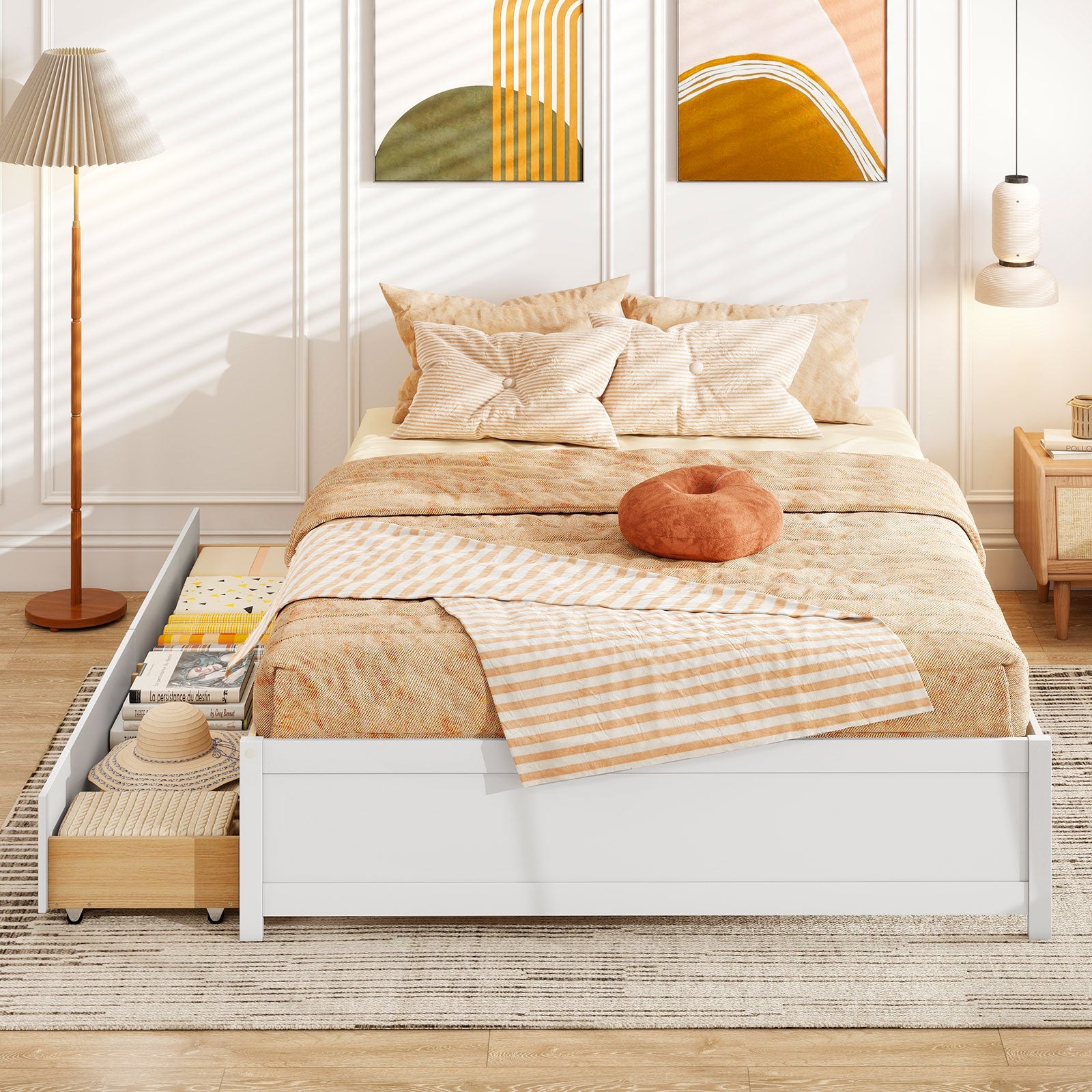 Queen Size Bed Frame with 2 Rolling Storage Drawers, White Trundle Bed Frame at Gallery Canada