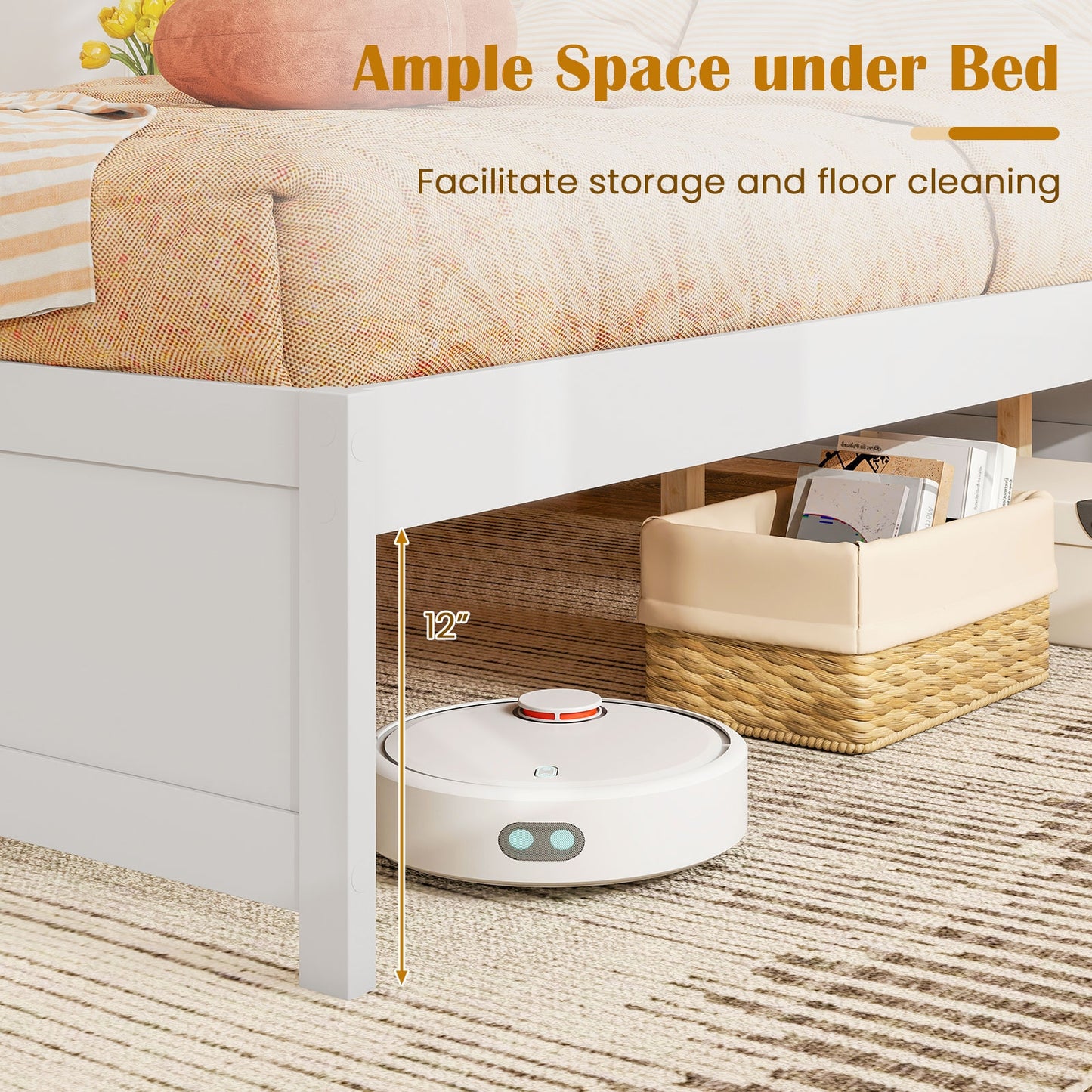 Queen Size Bed Frame with 2 Rolling Storage Drawers, White Trundle Bed Frame at Gallery Canada