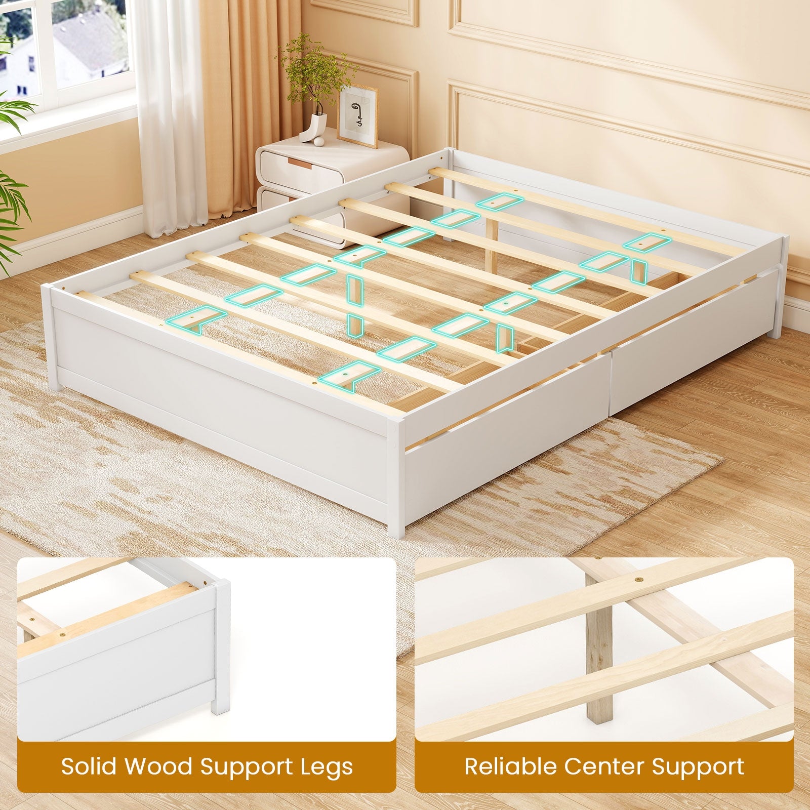 Queen Size Bed Frame with 2 Rolling Storage Drawers, White Trundle Bed Frame at Gallery Canada