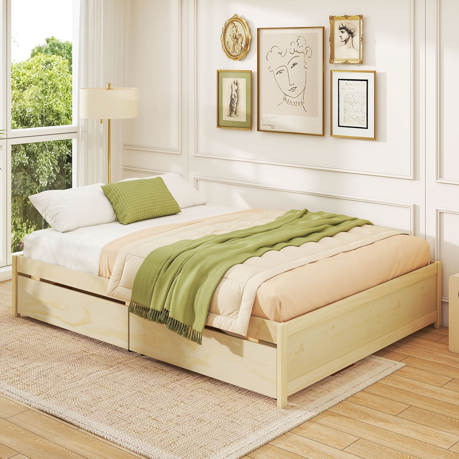 Queen Size Bed Frame with 2 Rolling Storage Drawers, Natural Trundle Bed Frame at Gallery Canada
