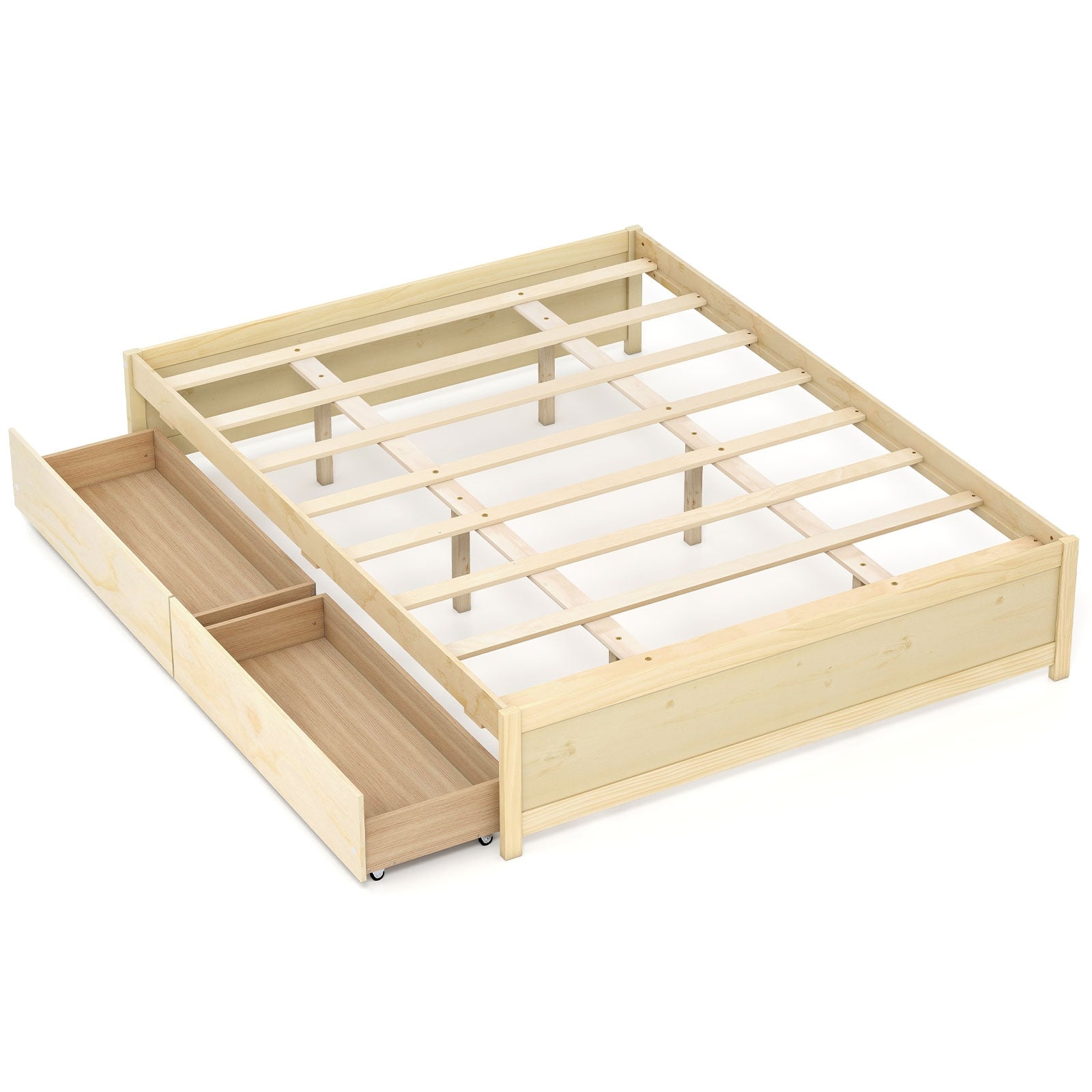 Queen Size Bed Frame with 2 Rolling Storage Drawers, Natural Trundle Bed Frame Natural at Gallery Canada