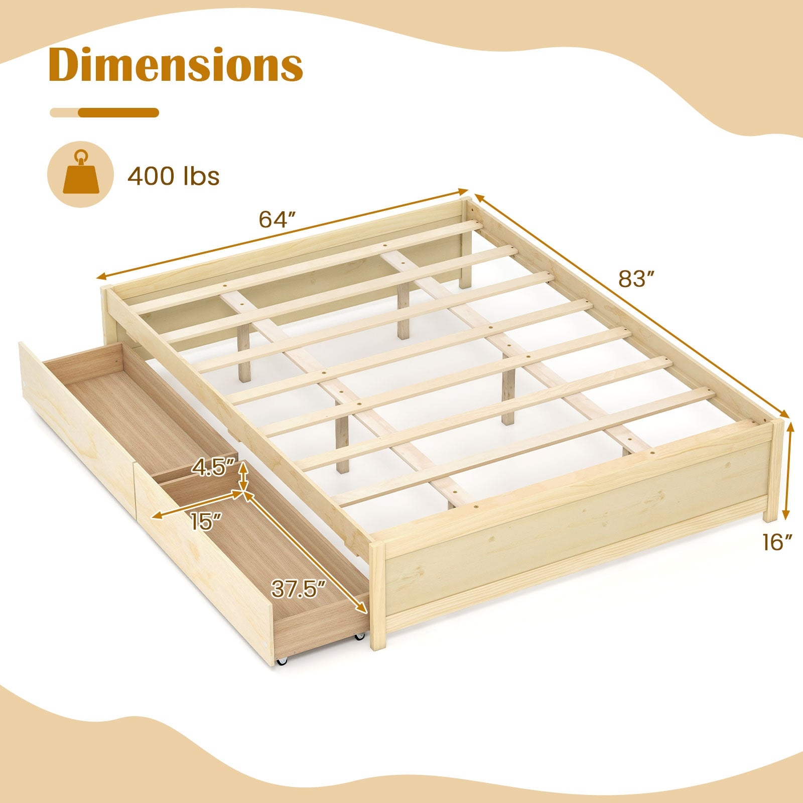 Queen Size Bed Frame with 2 Rolling Storage Drawers, Natural Trundle Bed Frame at Gallery Canada
