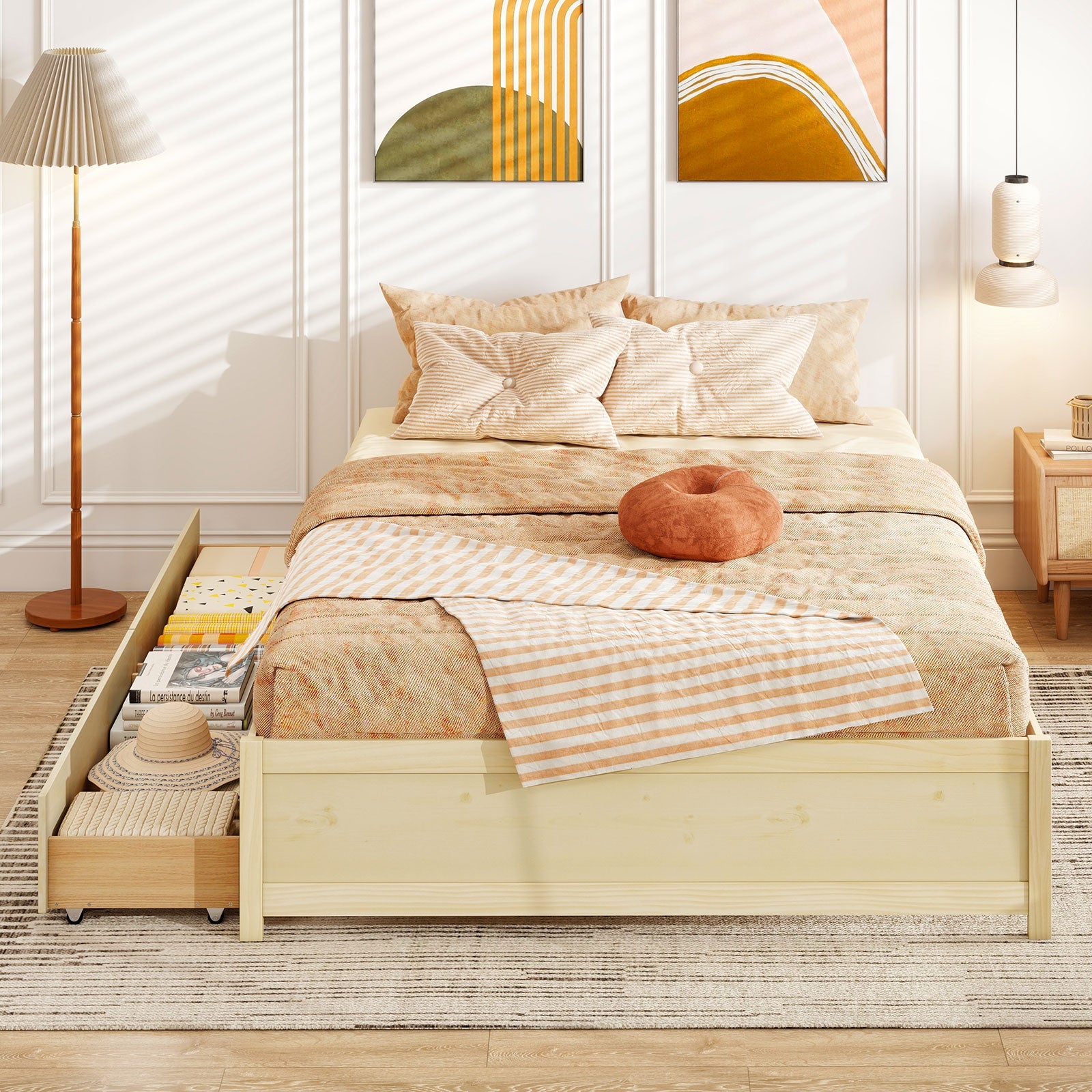 Queen Size Bed Frame with 2 Rolling Storage Drawers, Natural Trundle Bed Frame at Gallery Canada