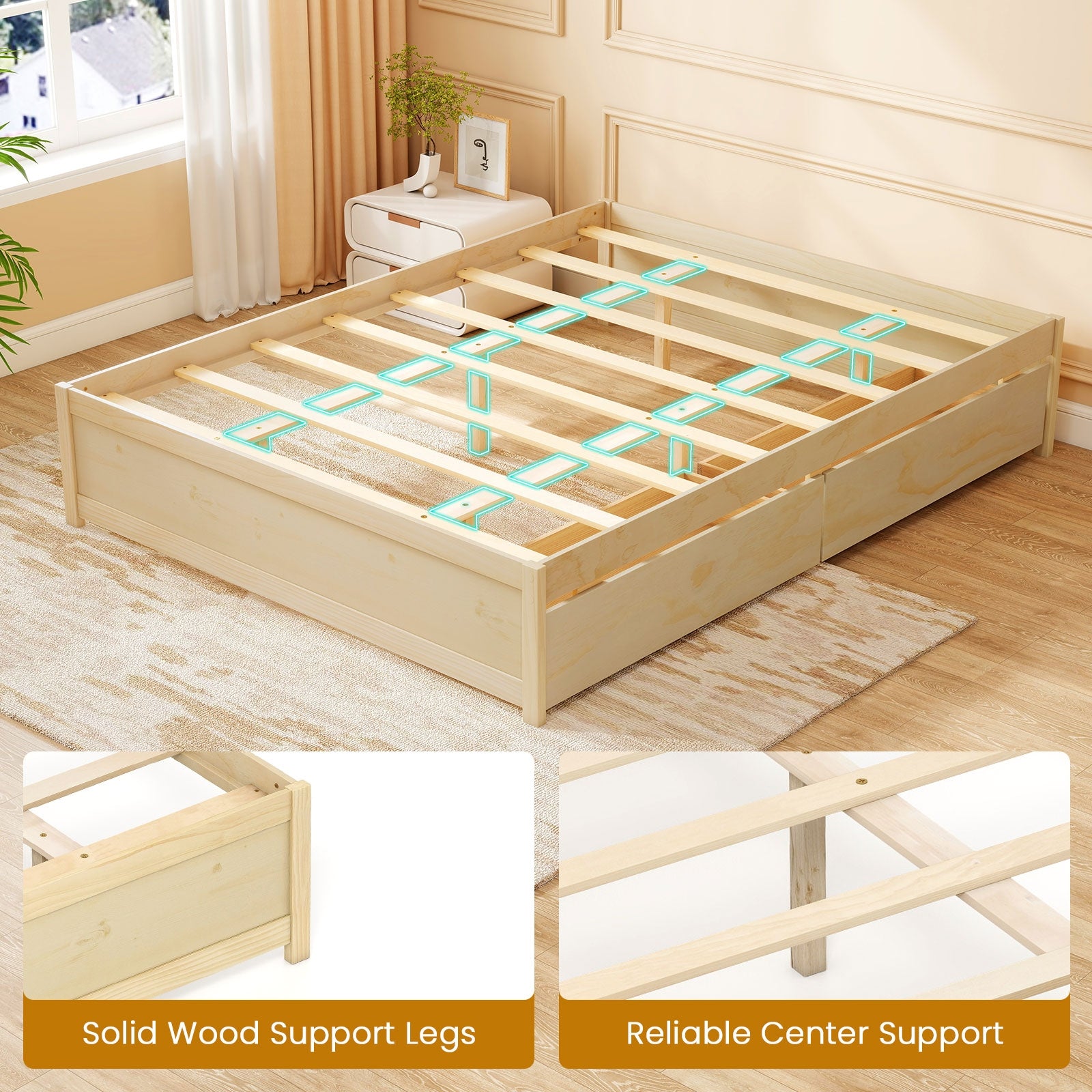 Queen Size Bed Frame with 2 Rolling Storage Drawers, Natural Trundle Bed Frame at Gallery Canada