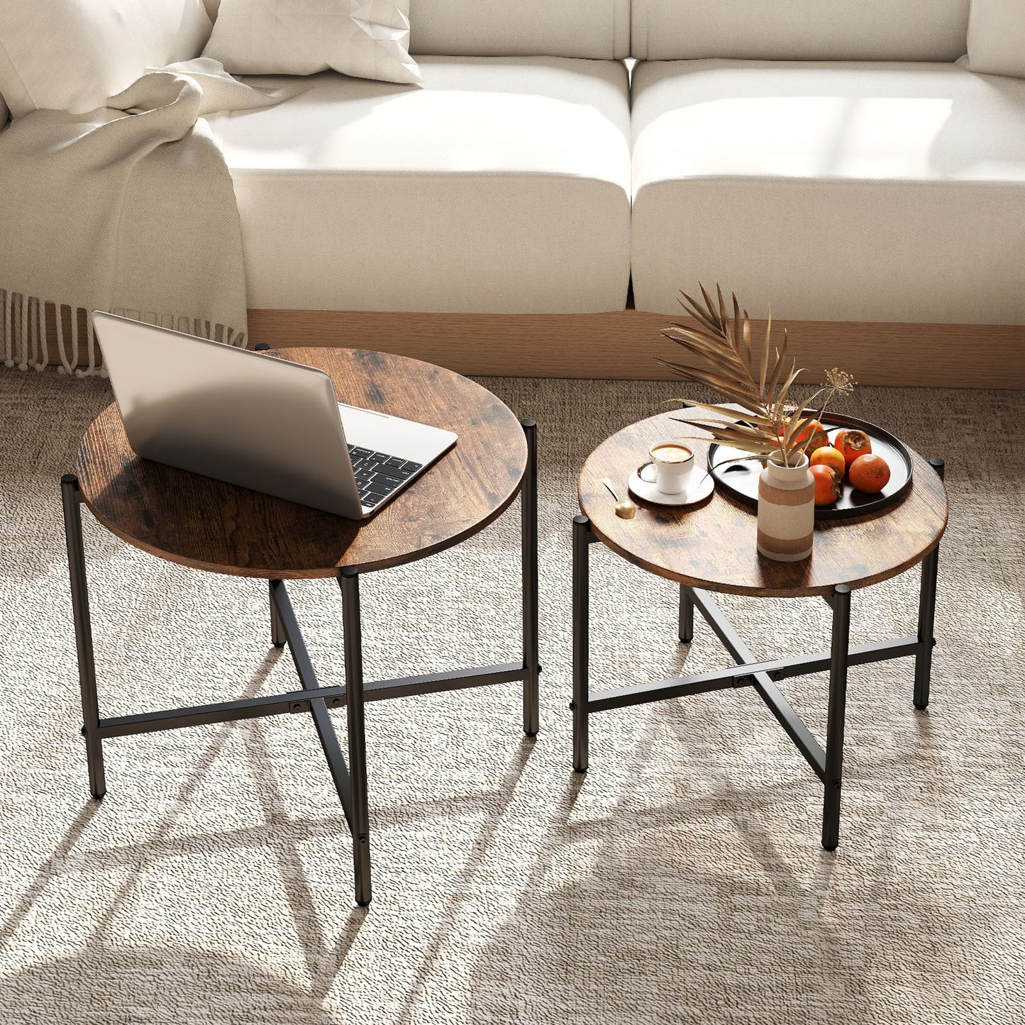 Round Coffee Table Set of 2 with Heavy-Duty Metal Frame, Rustic Brown End & Side Tables at Gallery Canada