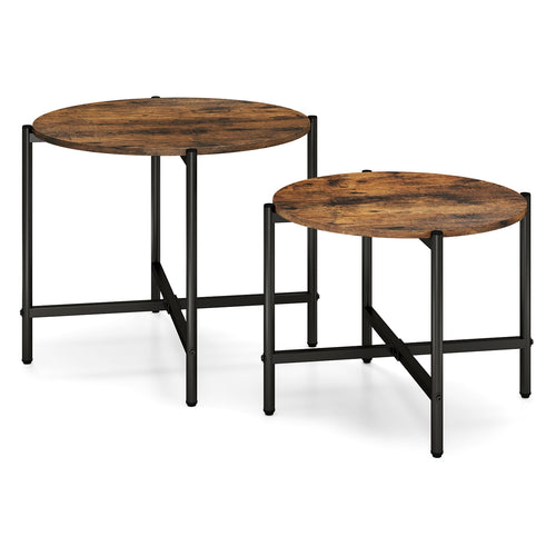 Round Coffee Table Set of 2 with Heavy-Duty Metal Frame, Rustic Brown