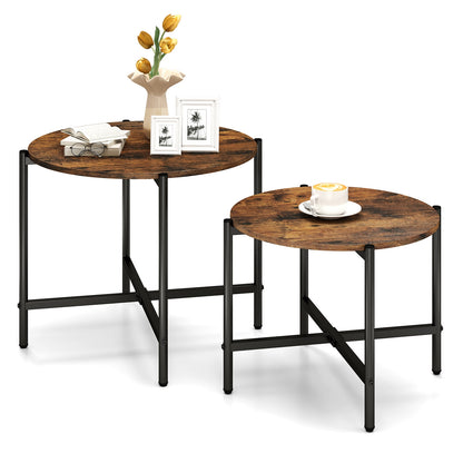 Round Coffee Table Set of 2 with Heavy-Duty Metal Frame, Rustic Brown End & Side Tables at Gallery Canada