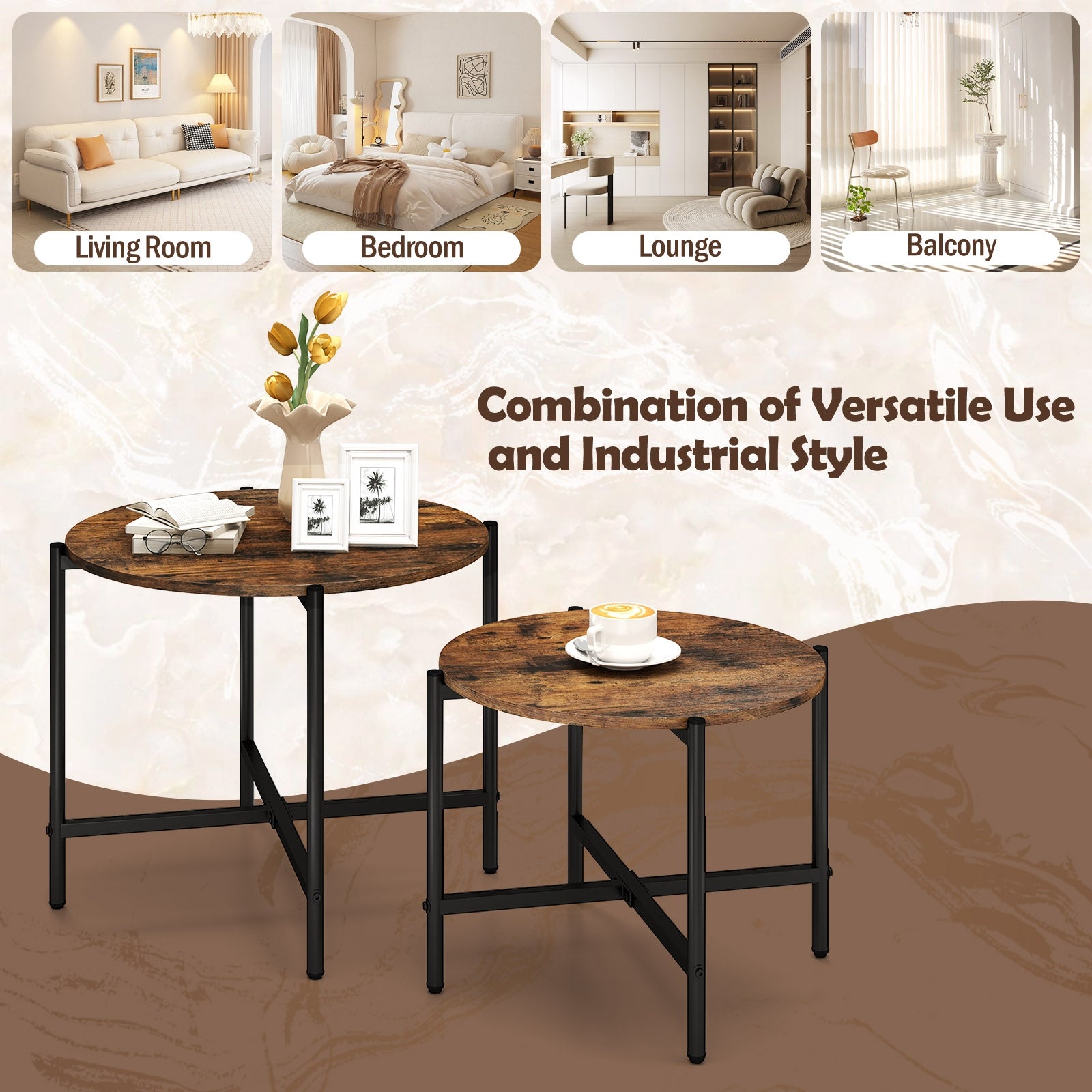 Round Coffee Table Set of 2 with Heavy-Duty Metal Frame, Rustic Brown End & Side Tables at Gallery Canada