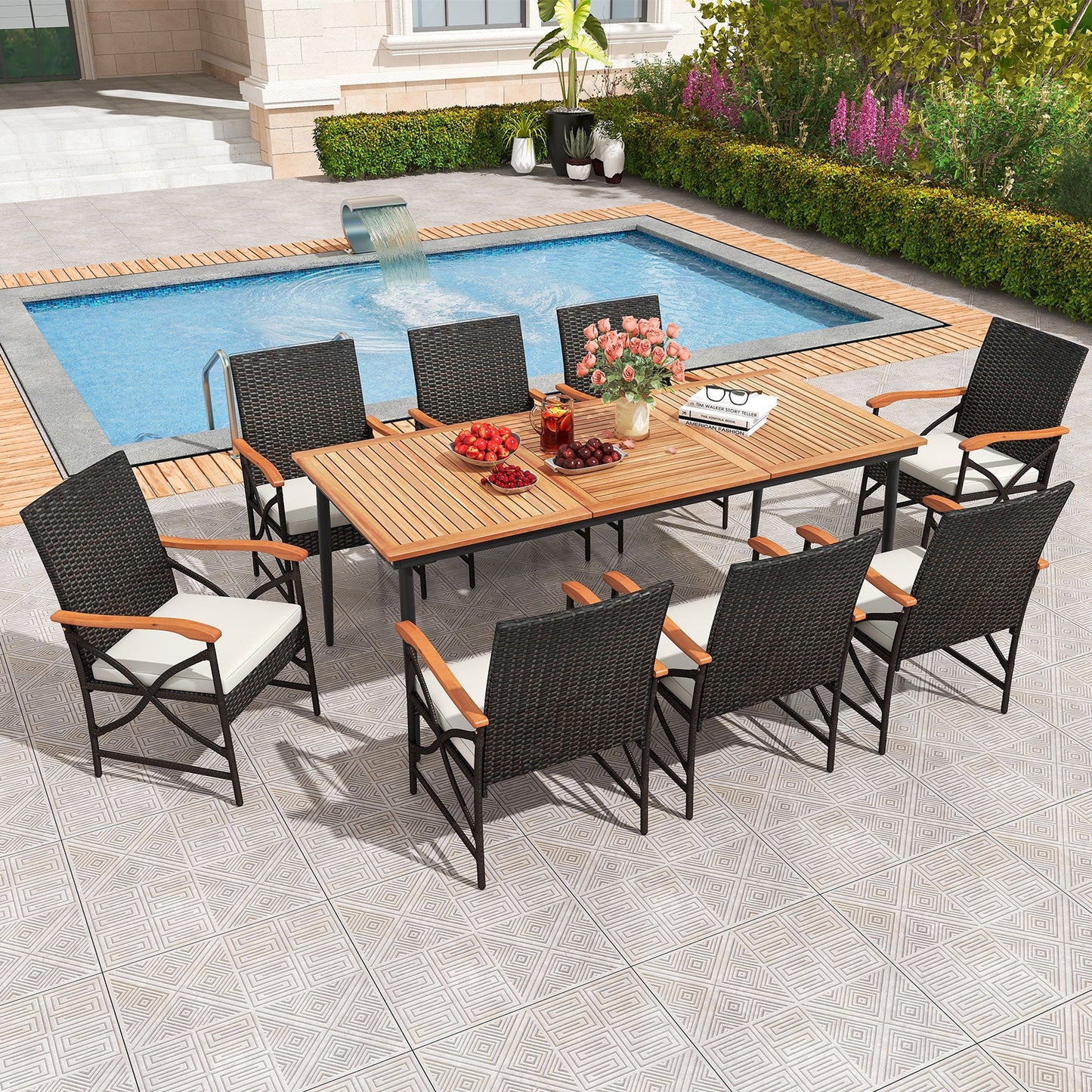 79 Inch Outdoor Acacia Wood Dining Table and 8 Rattan-woven Dining Chairs with Umbrella Hole, Natural Patio Dining Sets at Gallery Canada