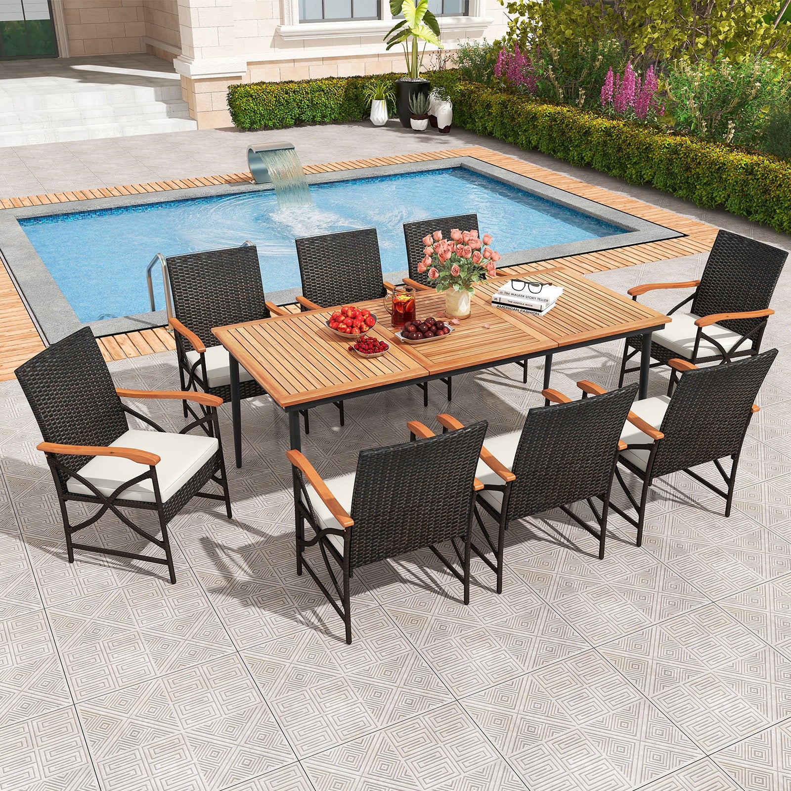 79 Inch Outdoor Acacia Wood Dining Table and 8 Rattan-woven Dining Chairs with Umbrella Hole, Natural Patio Dining Sets at Gallery Canada
