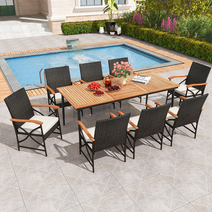79 Inch Outdoor Acacia Wood Dining Table and 8 Rattan-woven Dining Chairs with Umbrella Hole, Natural Patio Dining Sets at Gallery Canada