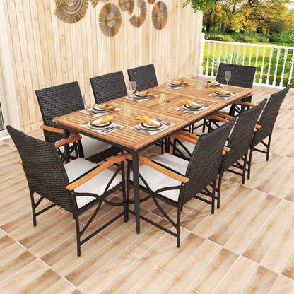 79 Inch Outdoor Acacia Wood Dining Table and 8 Rattan-woven Dining Chairs with Umbrella Hole, Natural Patio Dining Sets at Gallery Canada