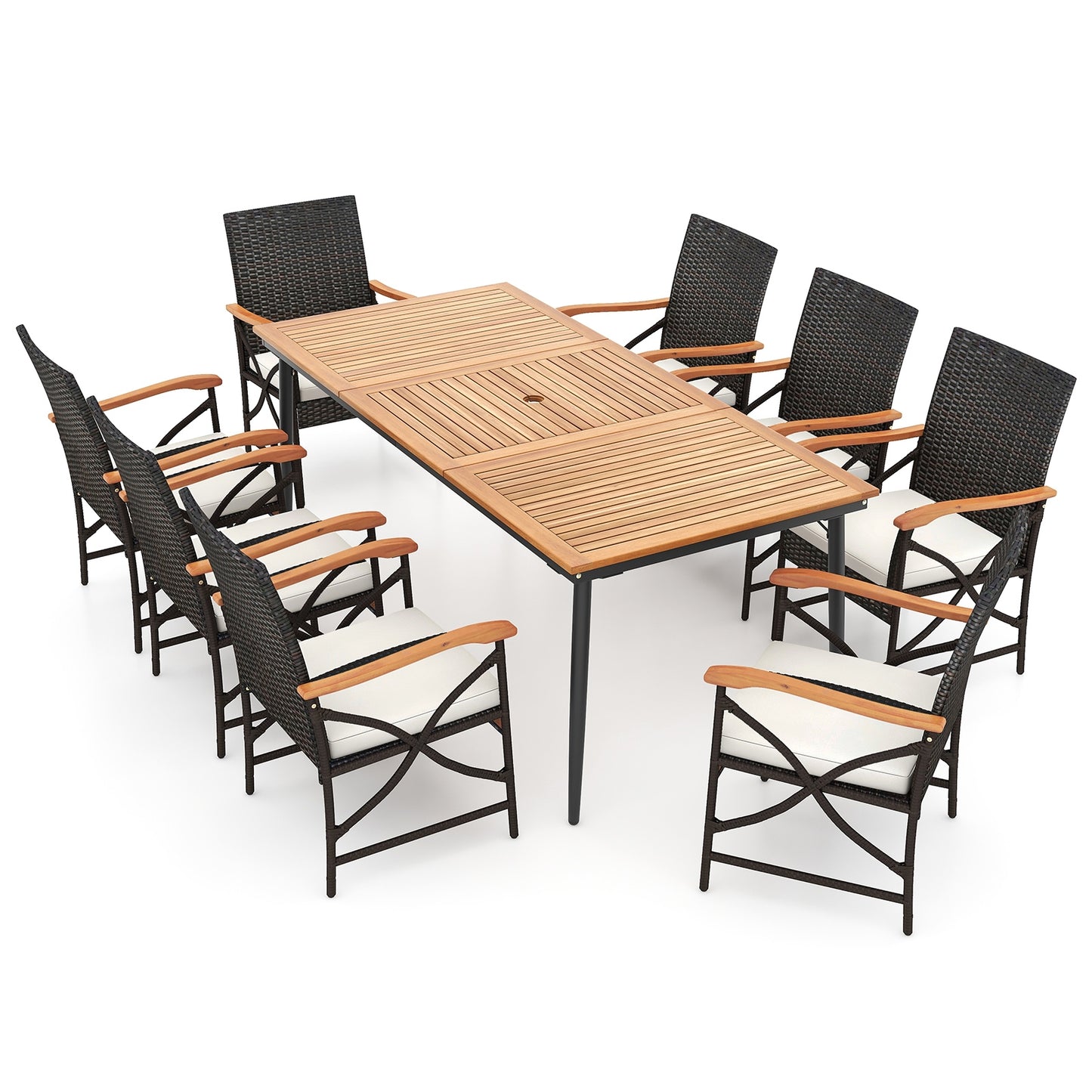 Table à manger en bois d'acacia de 79 pouces, 8 chaises en rotin, naturel