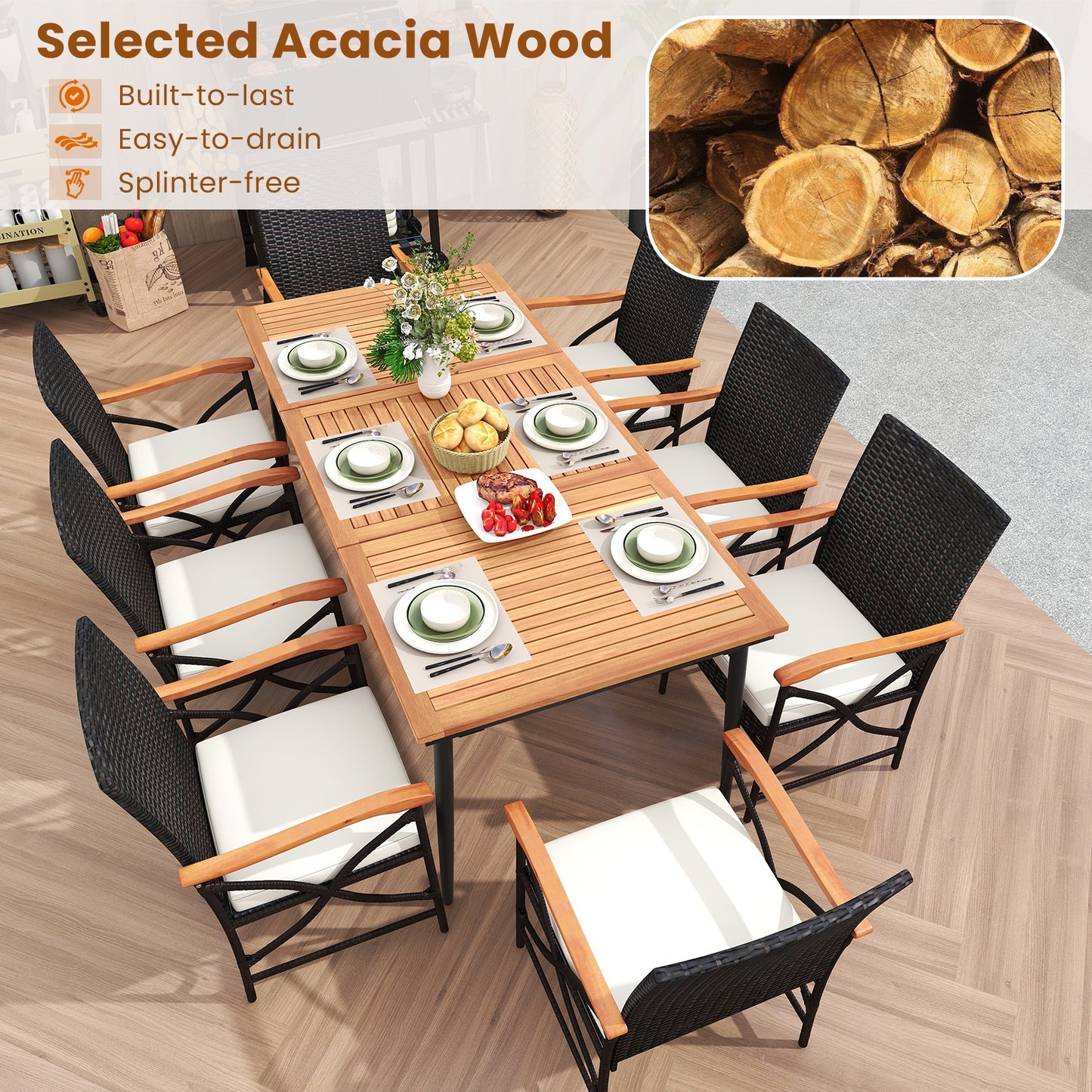 79 Inch Outdoor Acacia Wood Dining Table and 8 Rattan-woven Dining Chairs with Umbrella Hole, Natural Patio Dining Sets at Gallery Canada