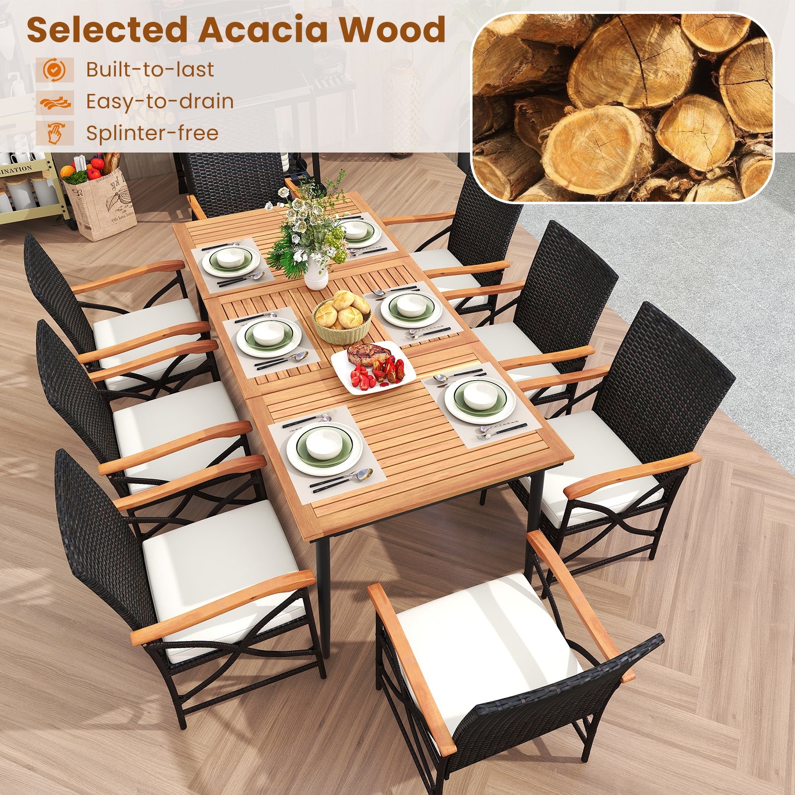 79 Inch Outdoor Acacia Wood Dining Table and 8 Rattan-woven Dining Chairs with Umbrella Hole, Natural Patio Dining Sets at Gallery Canada