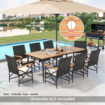 79 Inch Outdoor Acacia Wood Dining Table and 8 Rattan-woven Dining Chairs with Umbrella Hole, Natural Patio Dining Sets at Gallery Canada