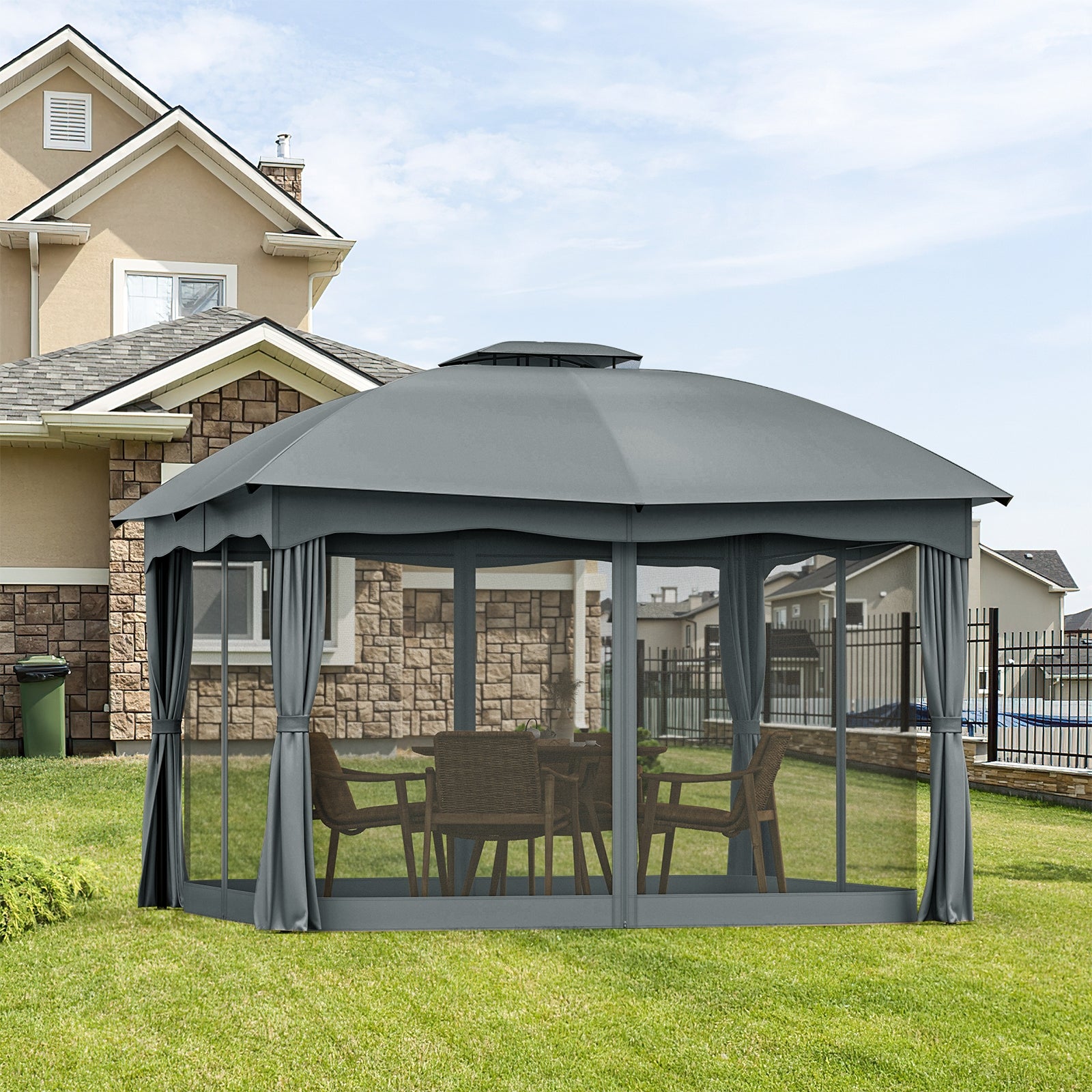 12 x 10 Feet Canopy Double Vented Heavy Duty Steel Gazebo, Gray Gazebos at Gallery Canada