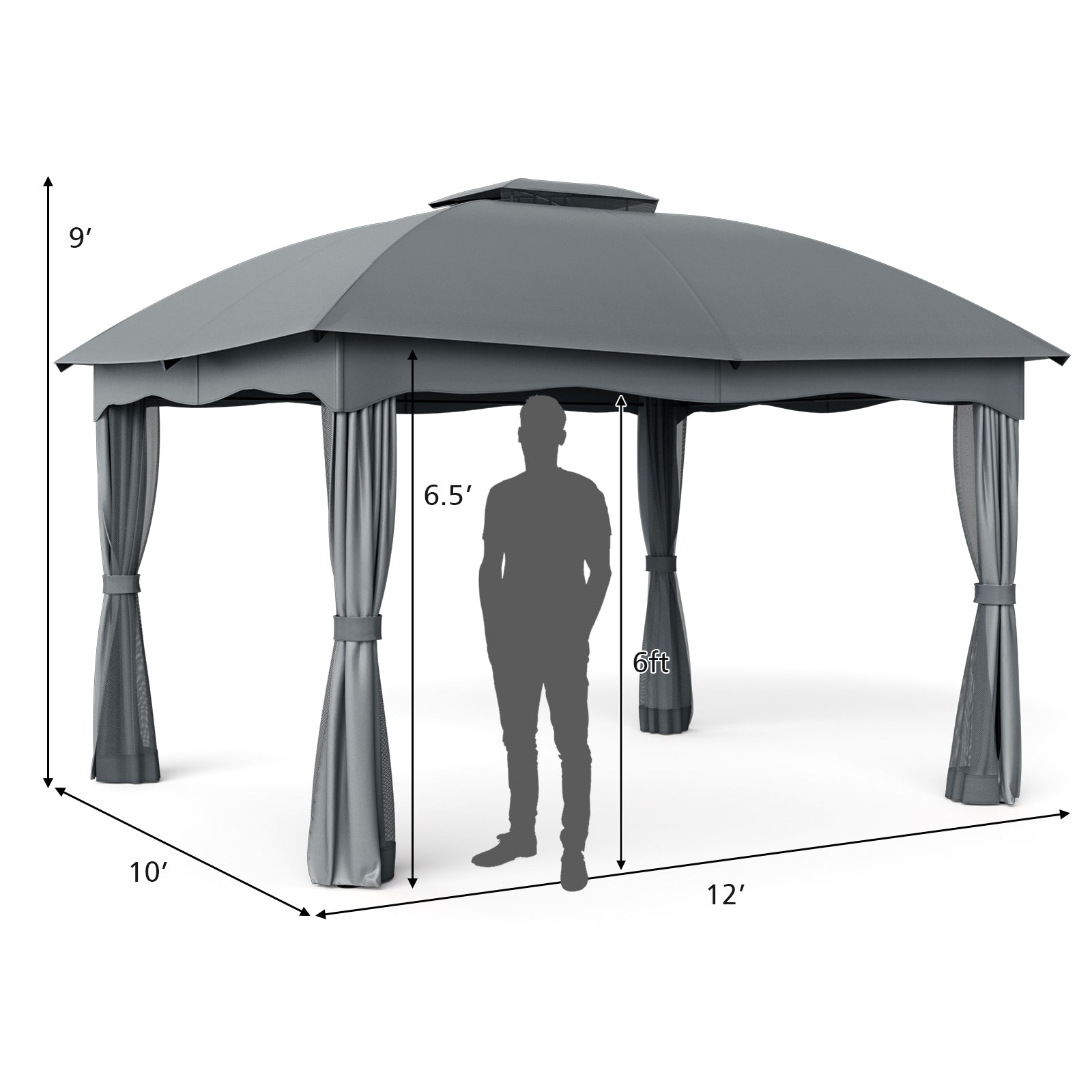 12 x 10 Feet Canopy Double Vented Heavy Duty Steel Gazebo, Gray Gazebos at Gallery Canada