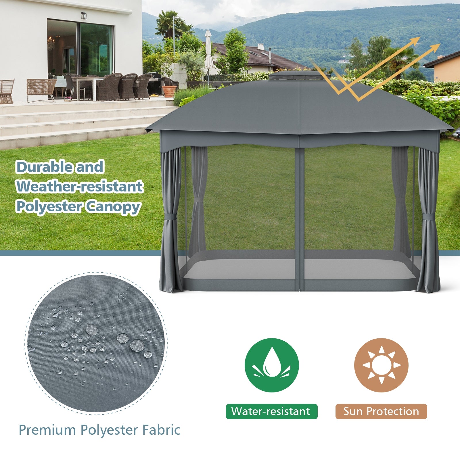 12 x 10 Feet Canopy Double Vented Heavy Duty Steel Gazebo, Gray Gazebos at Gallery Canada