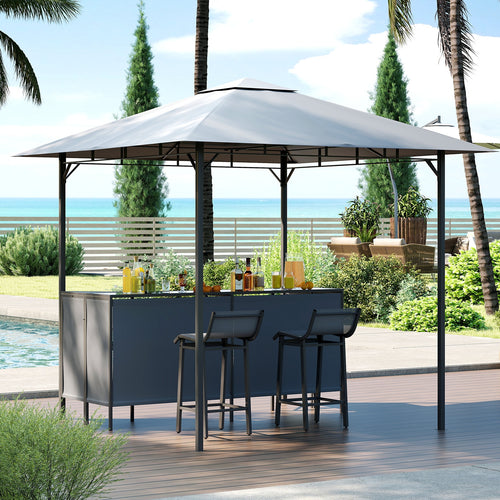 3-Piece Patio Bar Set 8 x 8 FT Double-Tier Grill Gazebo with 2 Bar Stools, Gray
