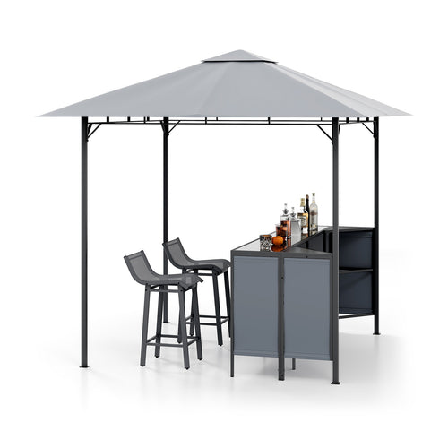 3-Piece Patio Bar Set 8 x 8 FT Double-Tier Grill Gazebo with 2 Bar Stools, Gray