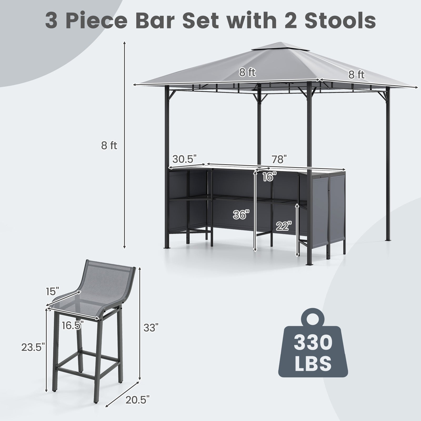 3-Piece Patio Bar Set 8 x 8 FT Double-Tier Grill Gazebo with 2 Bar Stools, Gray Patio Bar Furniture at Gallery Canada