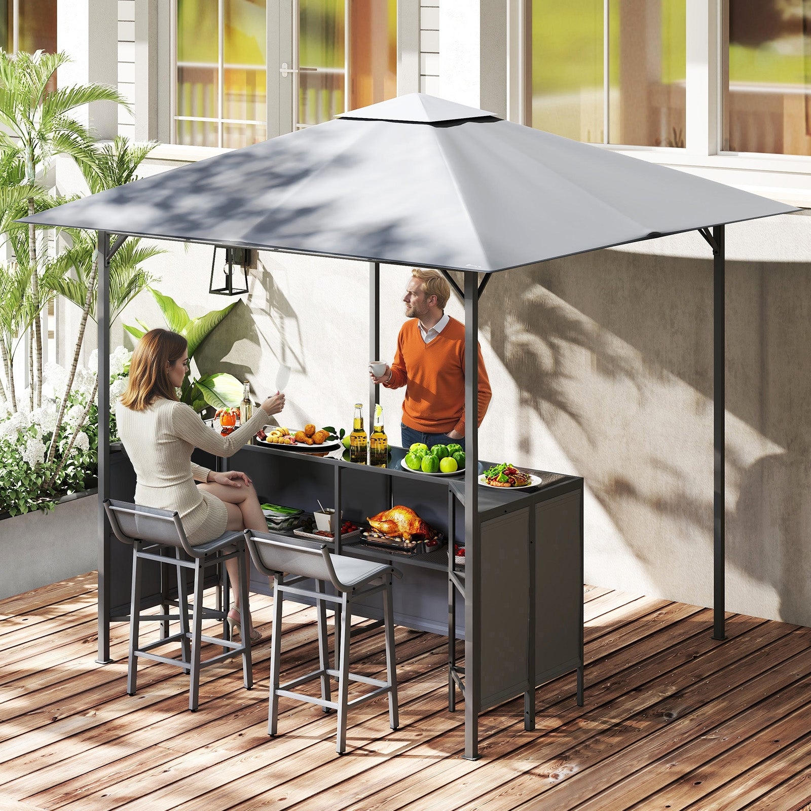 3-Piece Patio Bar Set 8 x 8 FT Double-Tier Grill Gazebo with 2 Bar Stools, Gray Patio Bar Furniture at Gallery Canada