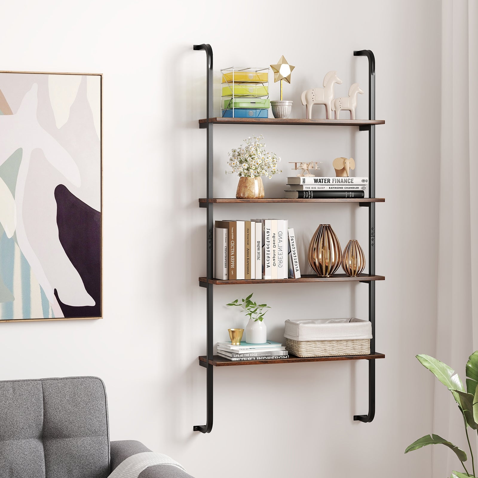 4-Tier Industrial Pipe Shelving, Metal Frame, Rustic Brown Bookcases at Gallery Canada