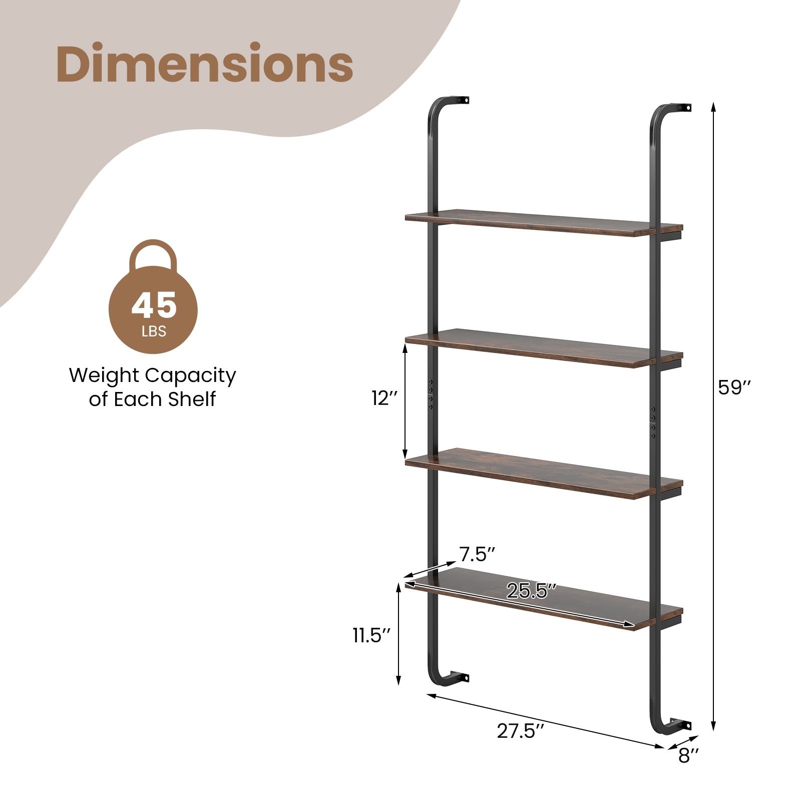 4-Tier Industrial Pipe Shelving, Metal Frame, Rustic Brown Bookcases at Gallery Canada
