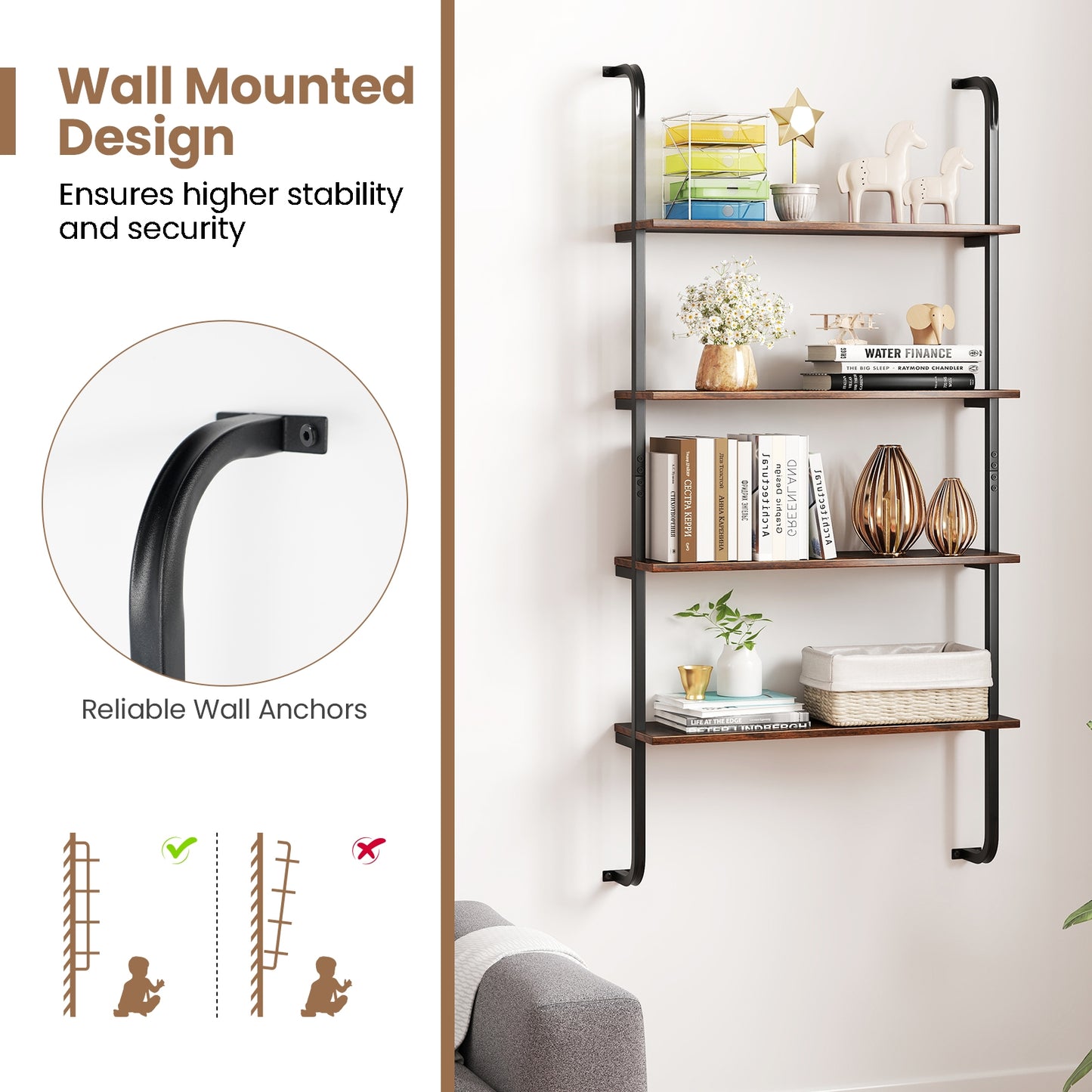 4-Tier Industrial Pipe Shelving, Metal Frame, Rustic Brown Bookcases at Gallery Canada