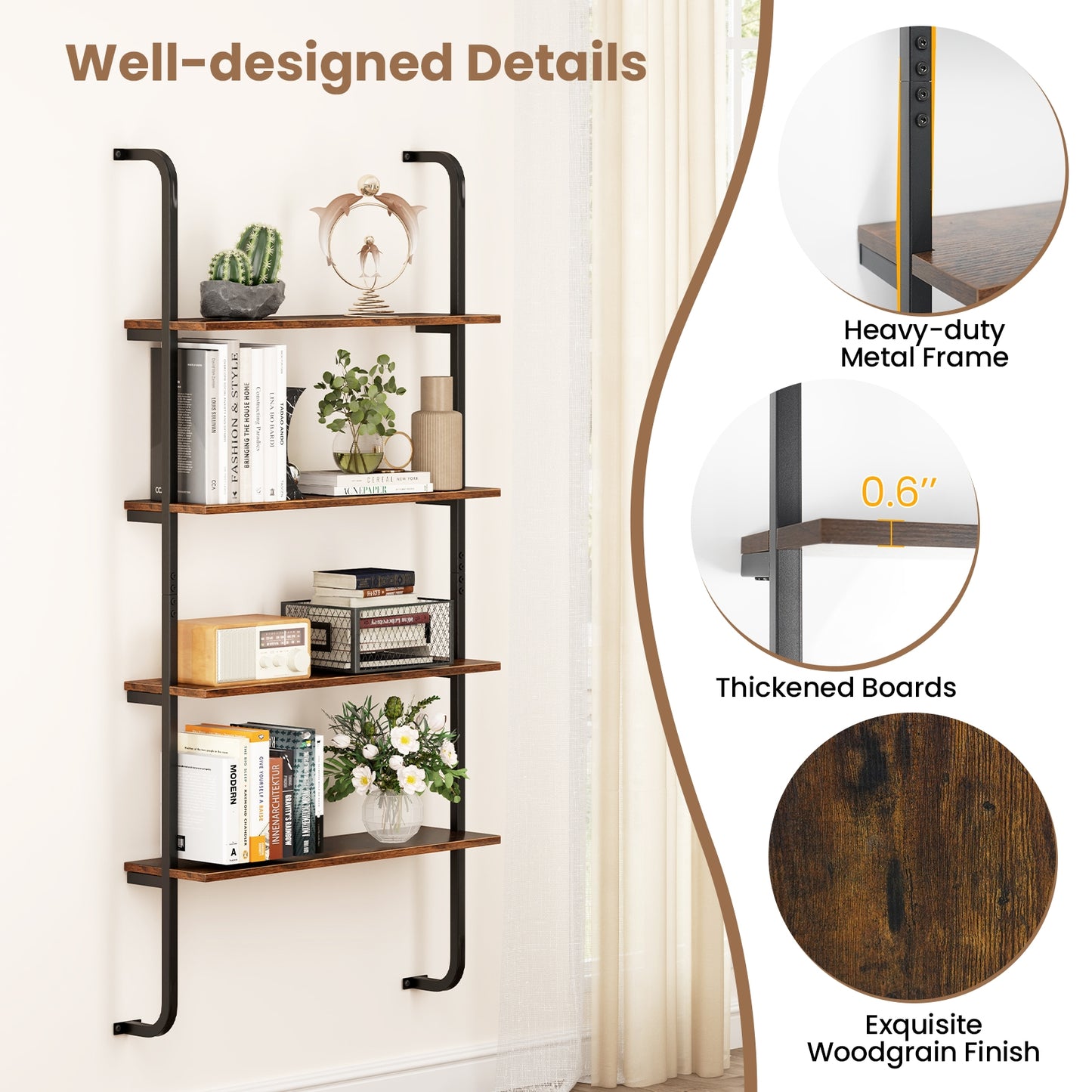 4-Tier Industrial Pipe Shelving, Metal Frame, Rustic Brown Bookcases at Gallery Canada
