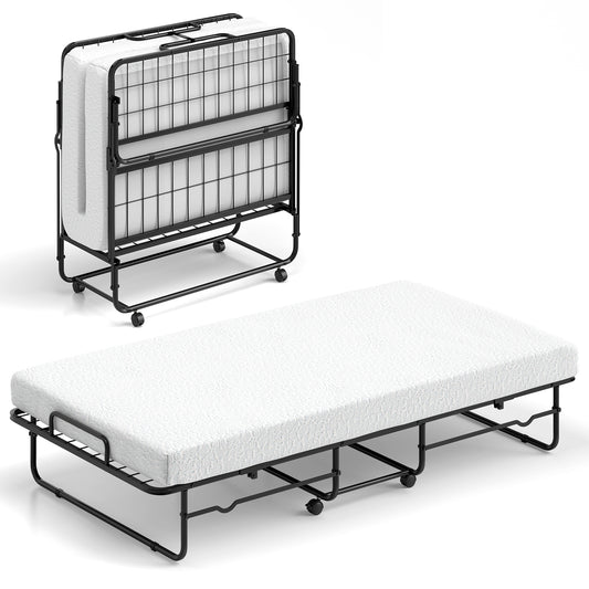 Twin Size Folding Bed, Memory Foam Mattress, Heavy-Duty Metal Frame