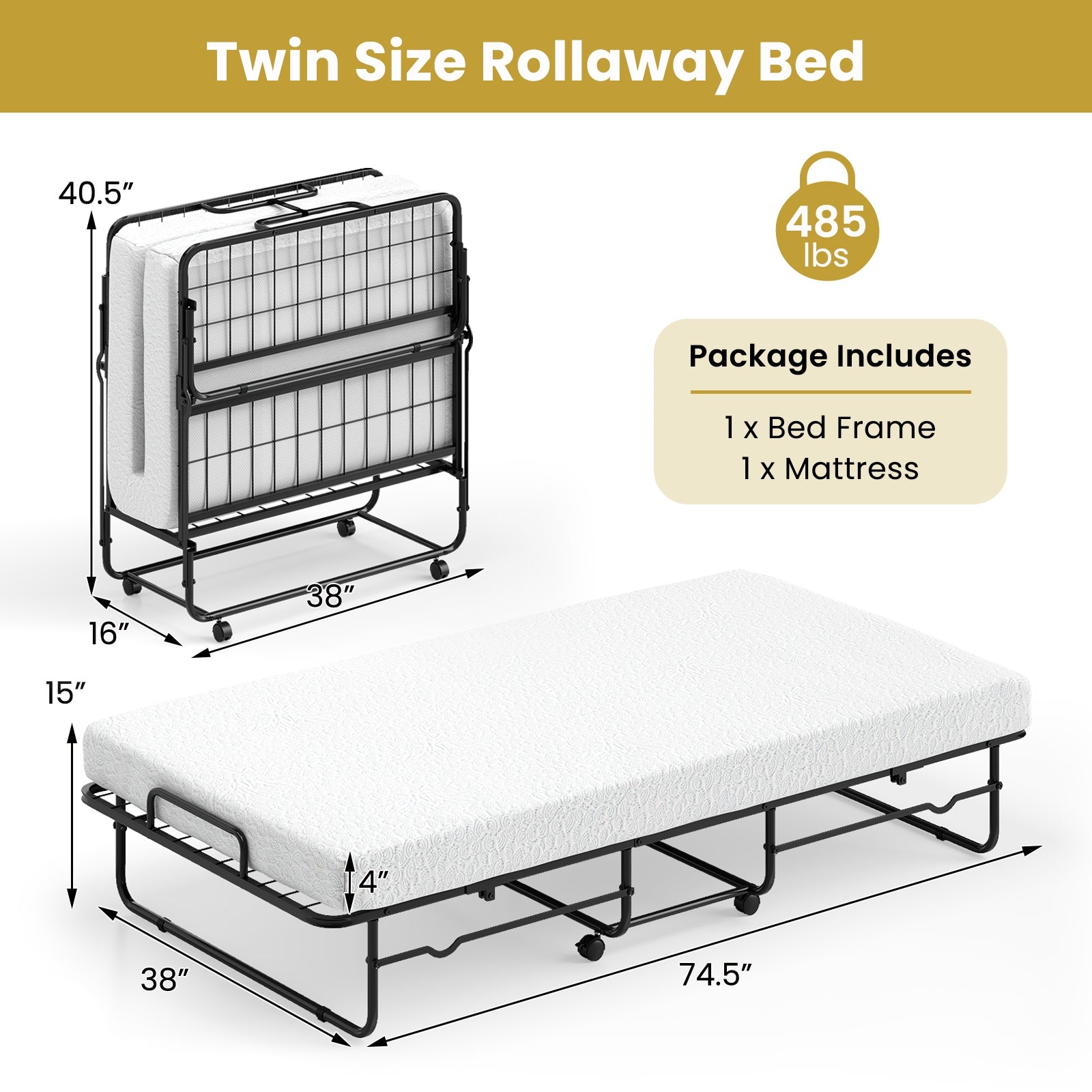 Twin Size Folding Bed with Memory Foam Mattress and Heavy-duty Metal Frame Folding Beds at Gallery Canada