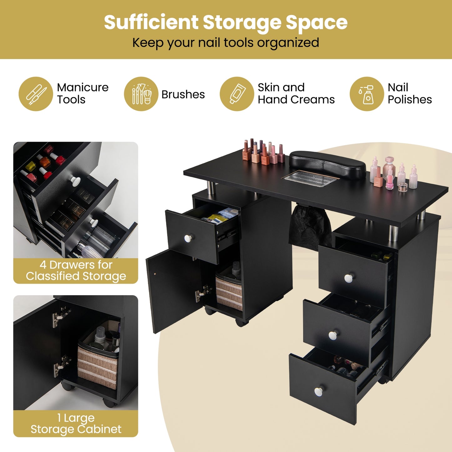 Manicure Table Nail Desk with Electric Dust Collector and 3 Dust Bags, Black Massage at Gallery Canada