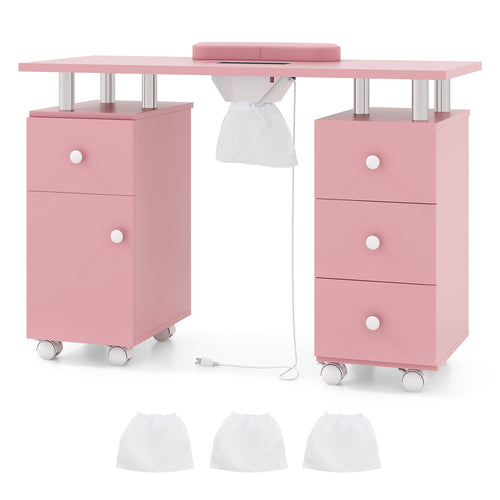Manicure Table Nail Desk with Electric Dust Collector and 3 Dust Bags, Pink