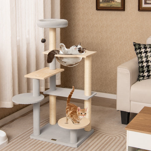 Modern Cat Tree 44 Inch Multi-level Cat Tower with Removable Padded Top Perch, Natural