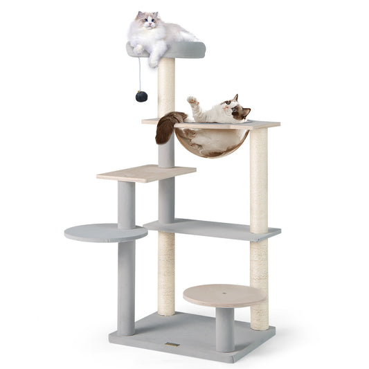 Modern Cat Tree, 44 Inch Multi-Level Tower, Removable Padded Top Perch, Natural