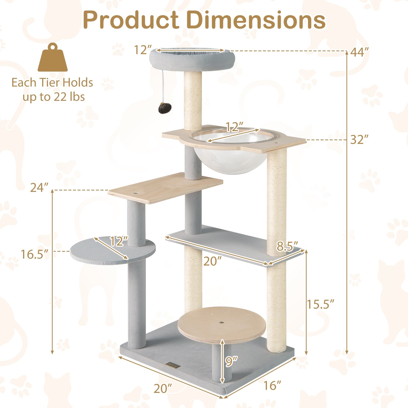 Modern Cat Tree 44 Inch Multi-level Cat Tower with Removable Padded Top Perch, Natural Cat Trees Condos & Scratchers at Gallery Canada