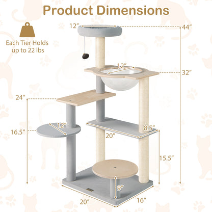 Modern Cat Tree 44 Inch Multi-level Cat Tower with Removable Padded Top Perch, Natural Cat Trees Condos & Scratchers at Gallery Canada
