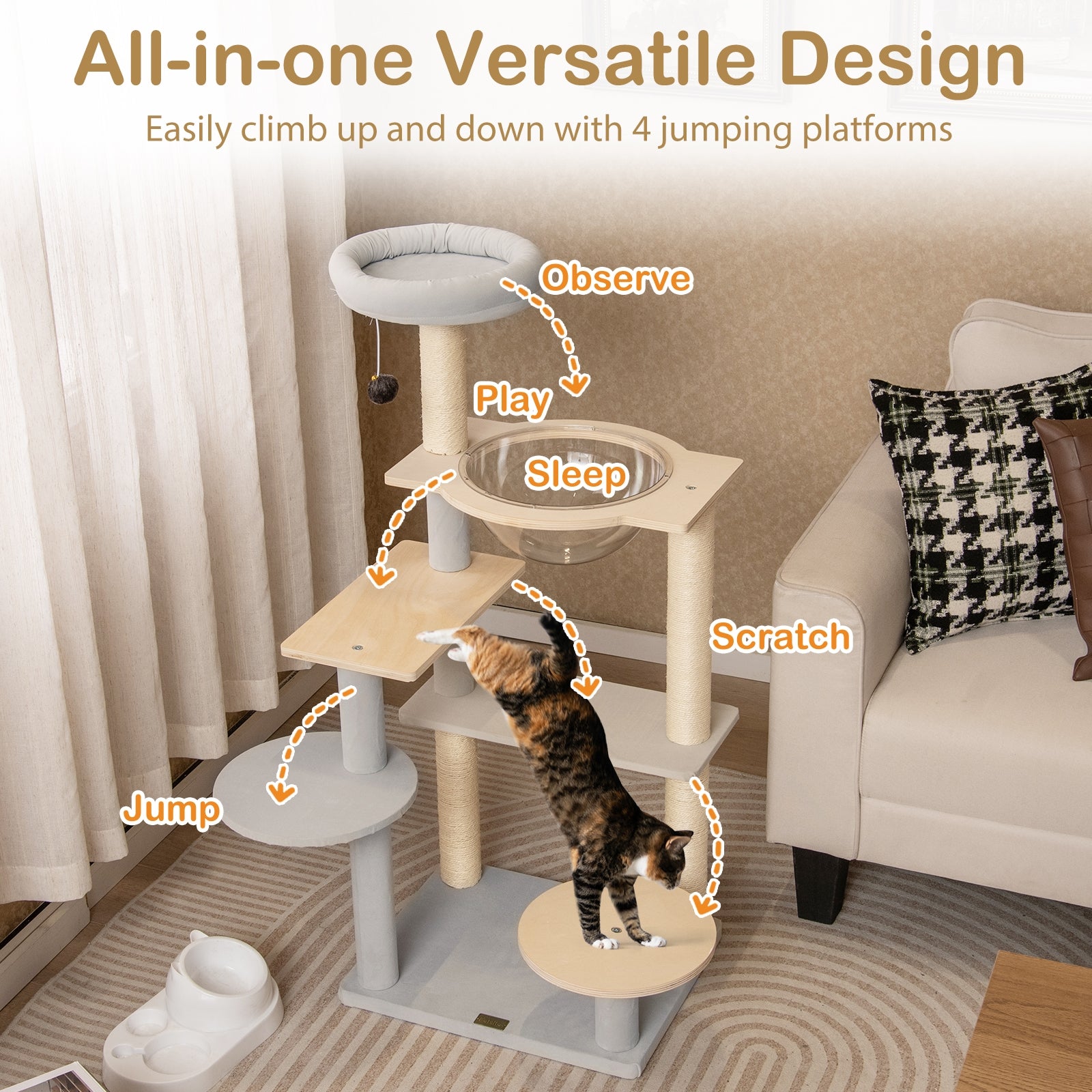 Modern Cat Tree 44 Inch Multi-level Cat Tower with Removable Padded Top Perch, Natural Cat Trees Condos & Scratchers at Gallery Canada
