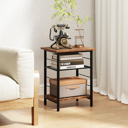 3-Tier End Table Set of 2 Side Table with Storage Shelves Metal Frame, Rustic Brown