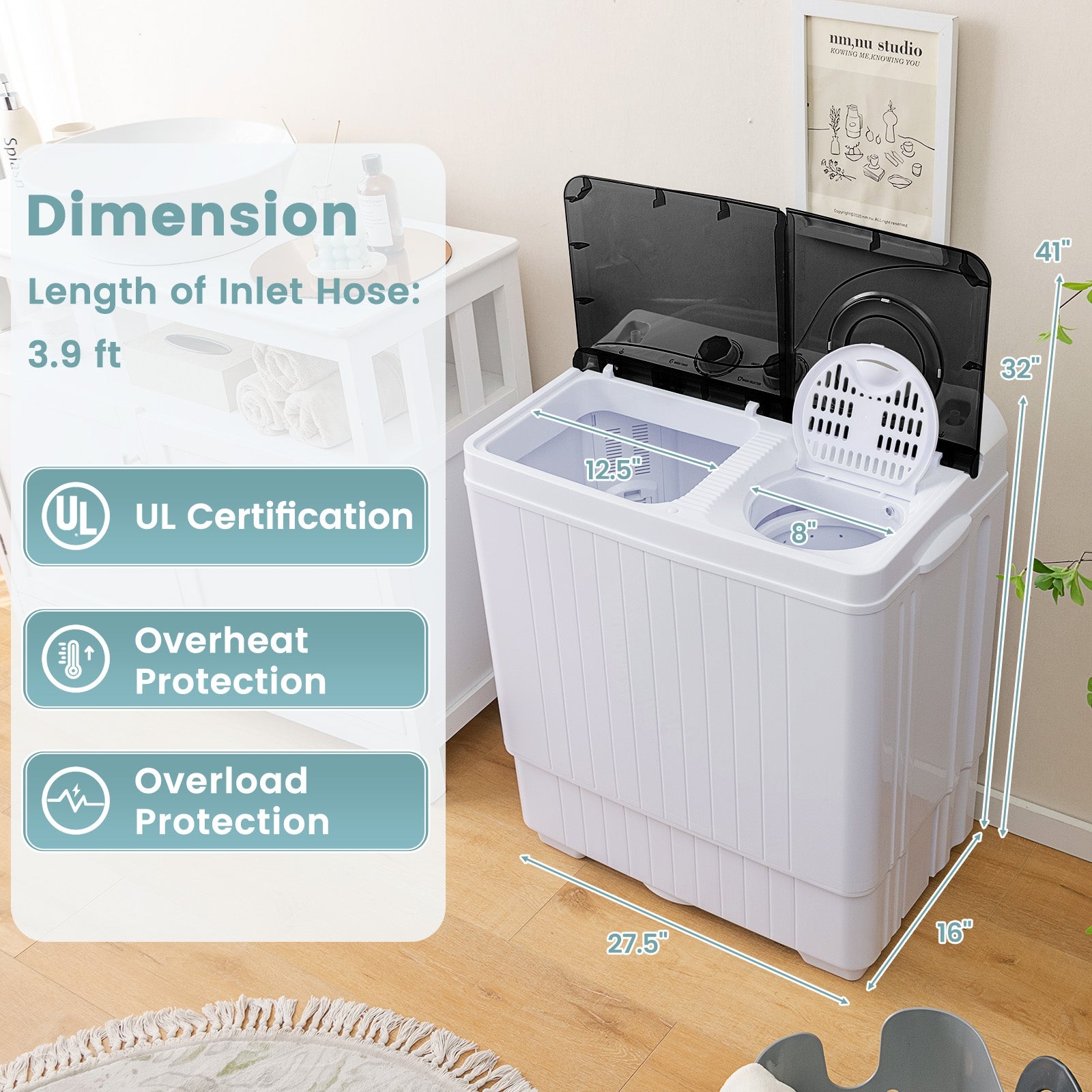 26 lbs Semi-Automatic Twin Tub Washing Machine with Drain Pump, Black Washing Machines at Gallery Canada