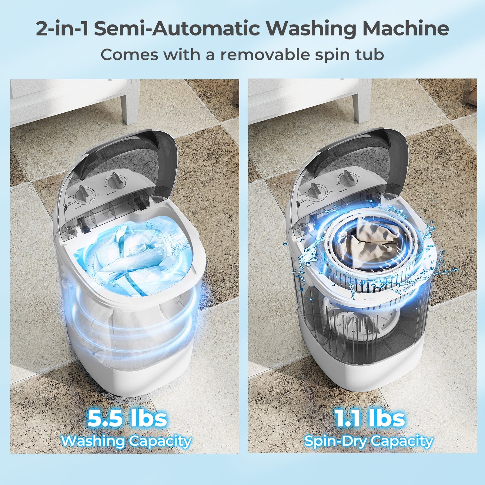 Portable Mini Semi-automatic Washing Machine with Spin Tub and Drain Hose 2.5 kg Capacity, Gray Washing Machines at Gallery Canada