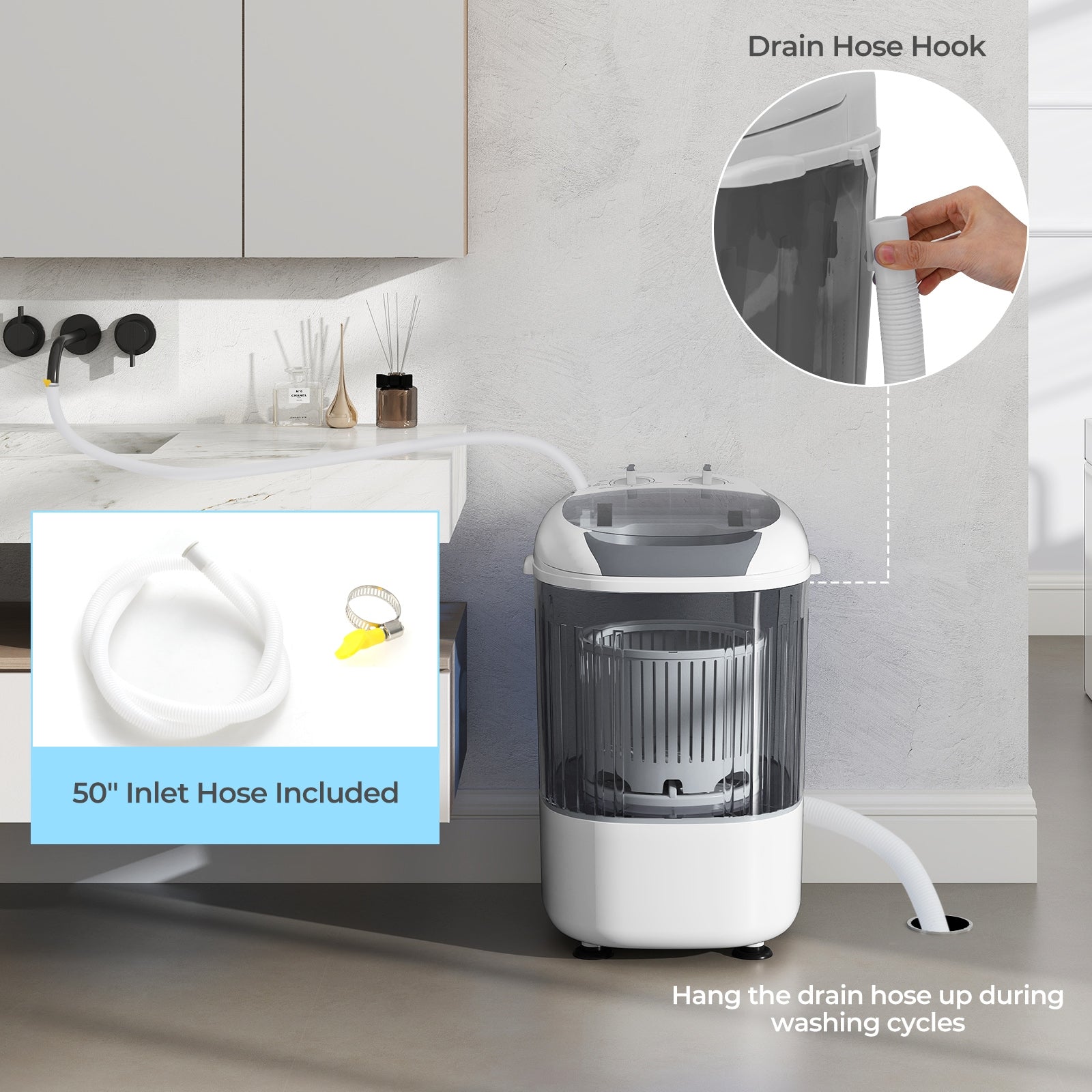 Portable Mini Semi-automatic Washing Machine with Spin Tub and Drain Hose 2.5 kg Capacity, Gray Washing Machines at Gallery Canada