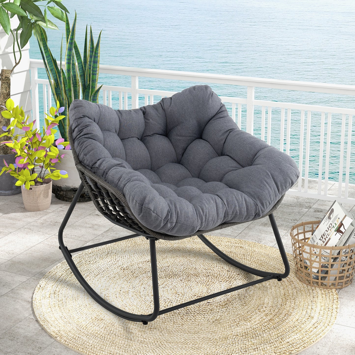 Outdoor Rocking Chair Oversized Patio PE Wicker Egg Chair with Cushion, Gray Patio Rocking Chairs & Gliders at Gallery Canada